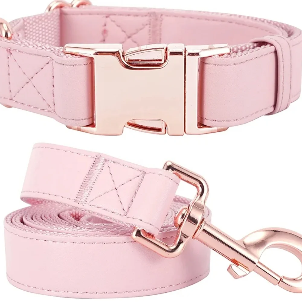 Pink Vegan Leather Dog Collar And Leash Set
